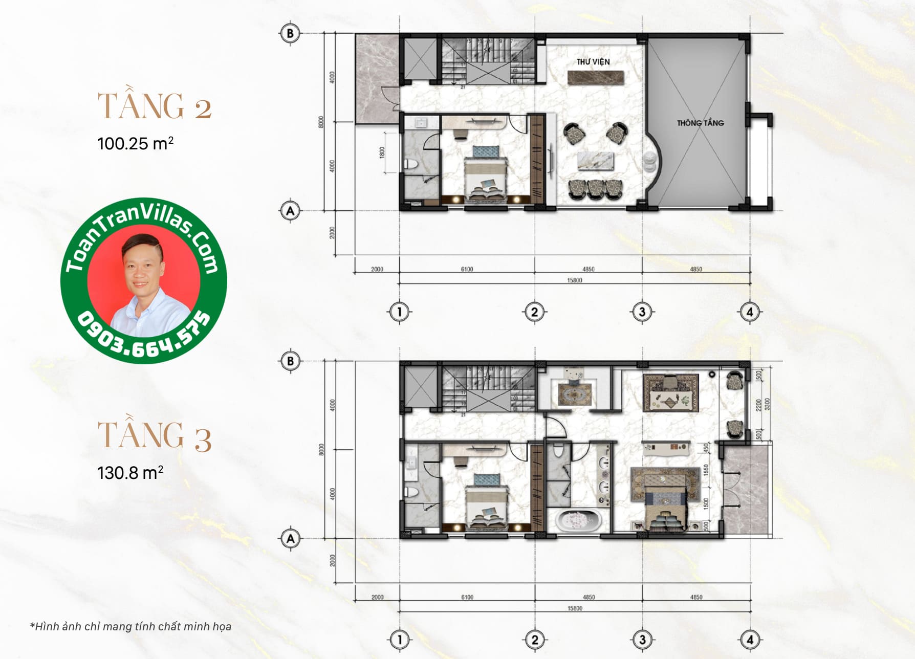 Mặt bằng tầng hai và tầng ba biệt thự song lập B5 The Mansion