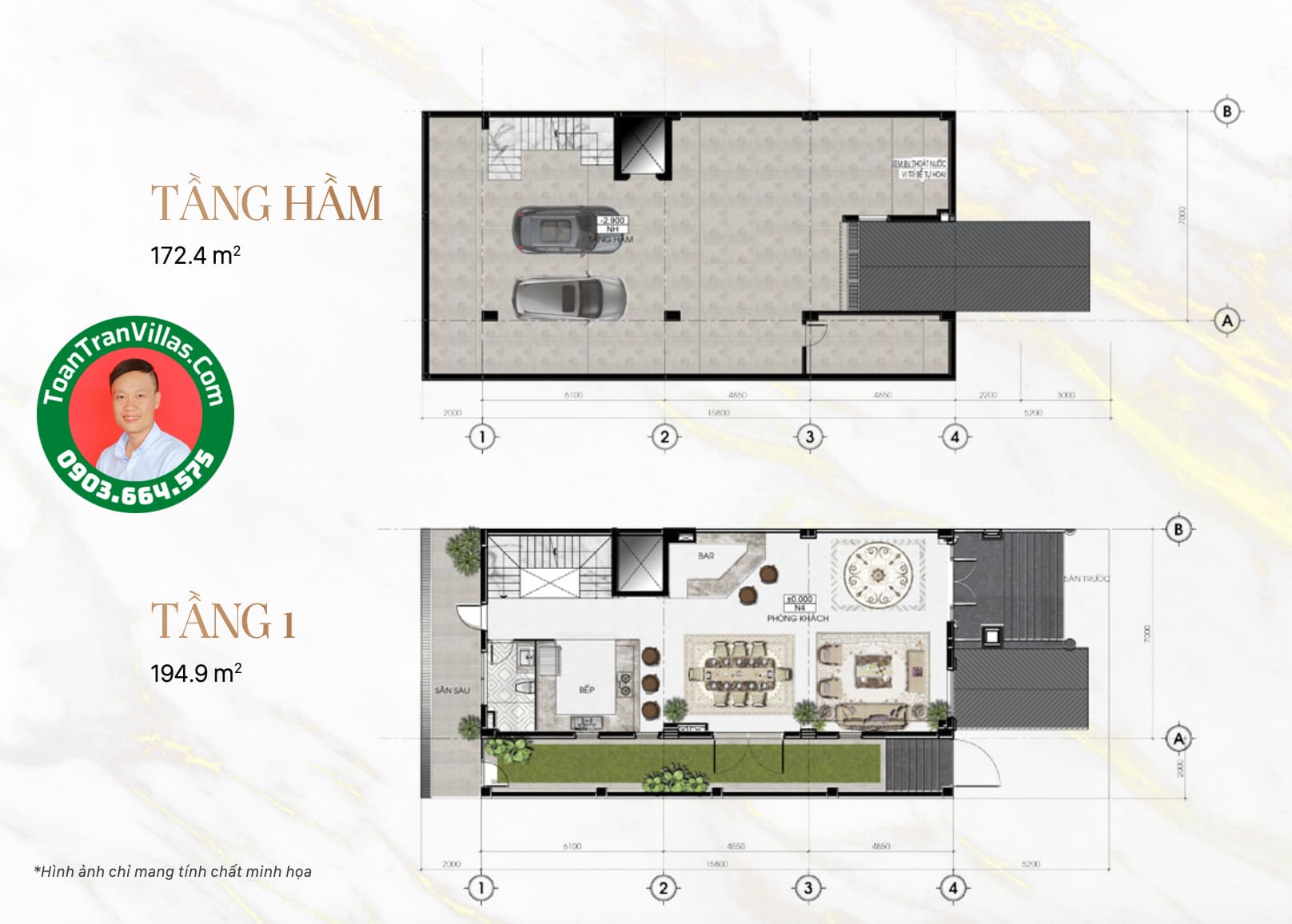 Mặt bằng tầng hầm và tầng một mẫu nhà Sunlake 9x23m