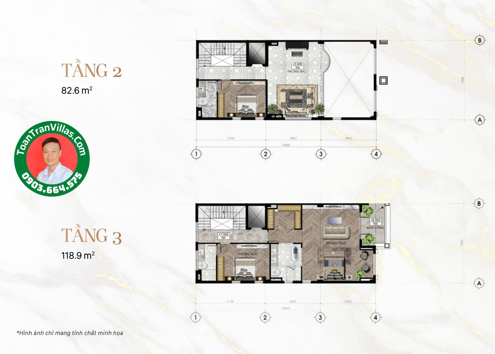 Mặt bằng tầng hai và tầng ba mẫu nhà Sunlake 9x23m