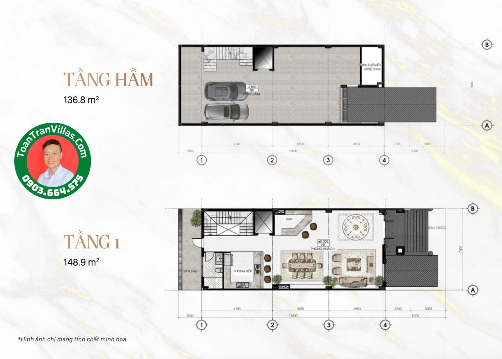 Mặt bằng tầng hầm và tầng một mẫu nhà Sunlake 7x23m