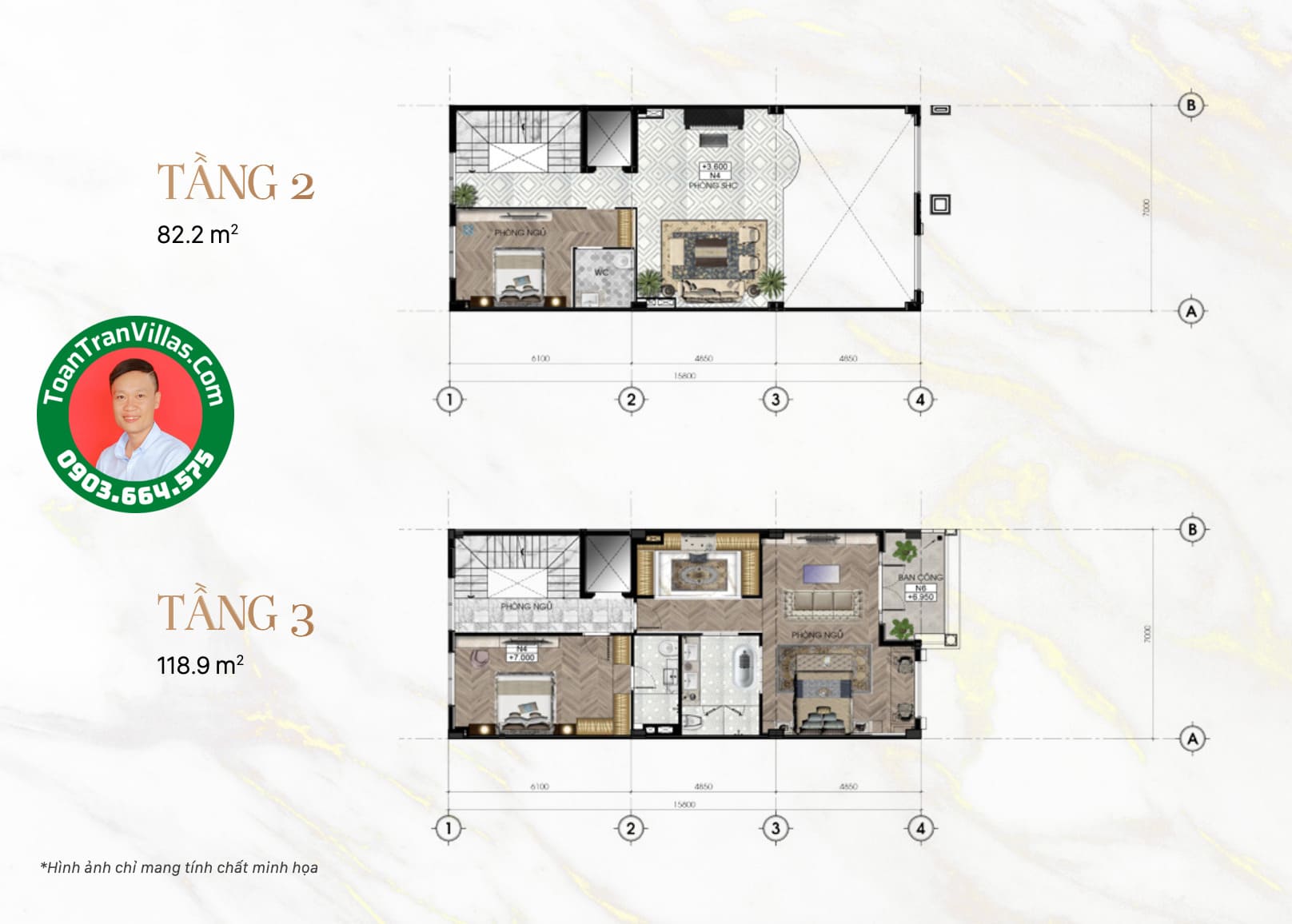 Mặt bằng tầng hai và tầng ba mẫu nhà Sunlake 7x23m