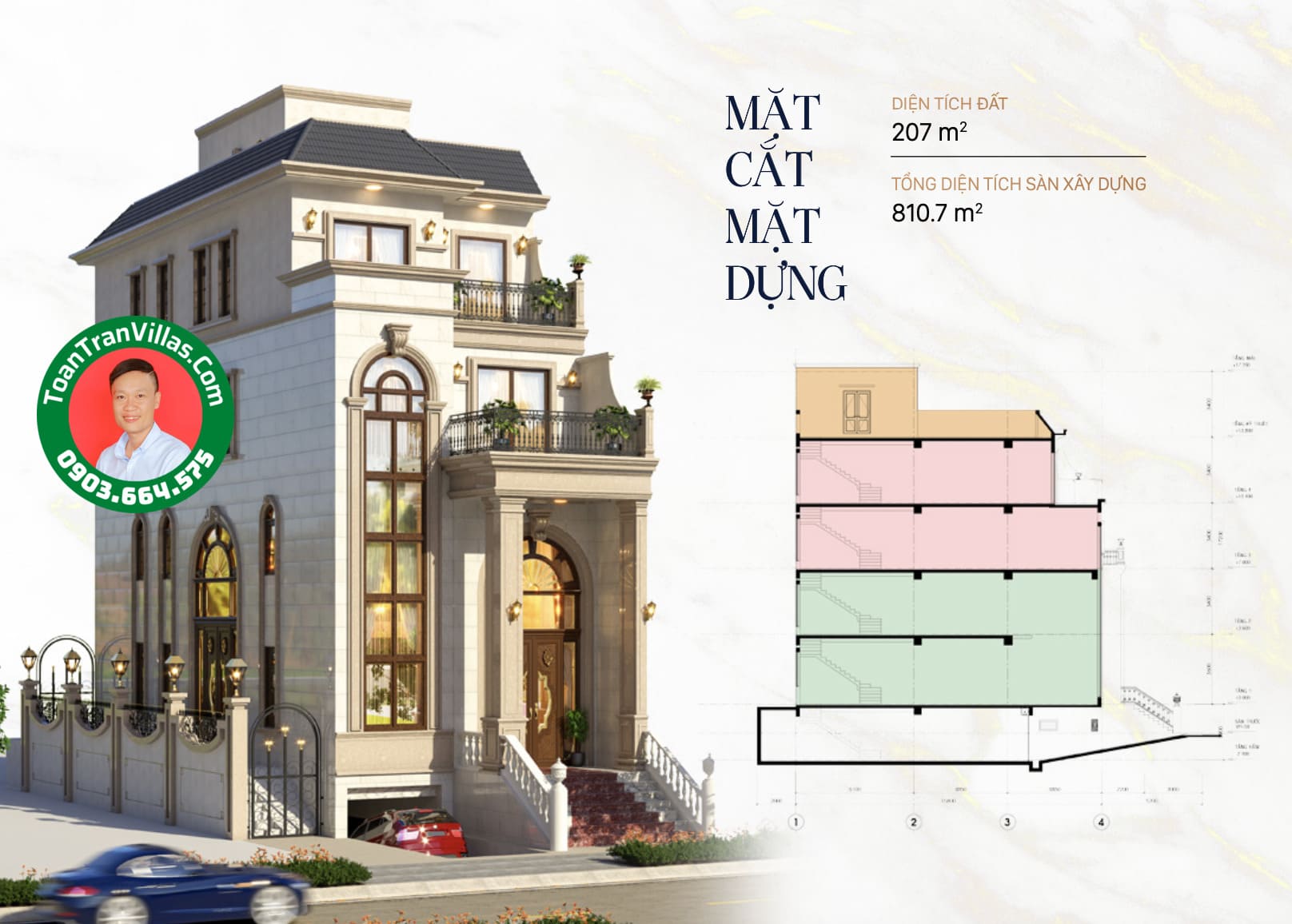 Mặt cắt và mặt đứng mẫu nhà Sunlake 9x23m, diện tích đất 207m2