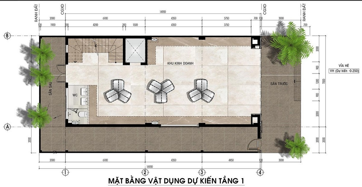 Mặt bằng vật dụng dự kiến tầng 1 shophouse Đông Nam