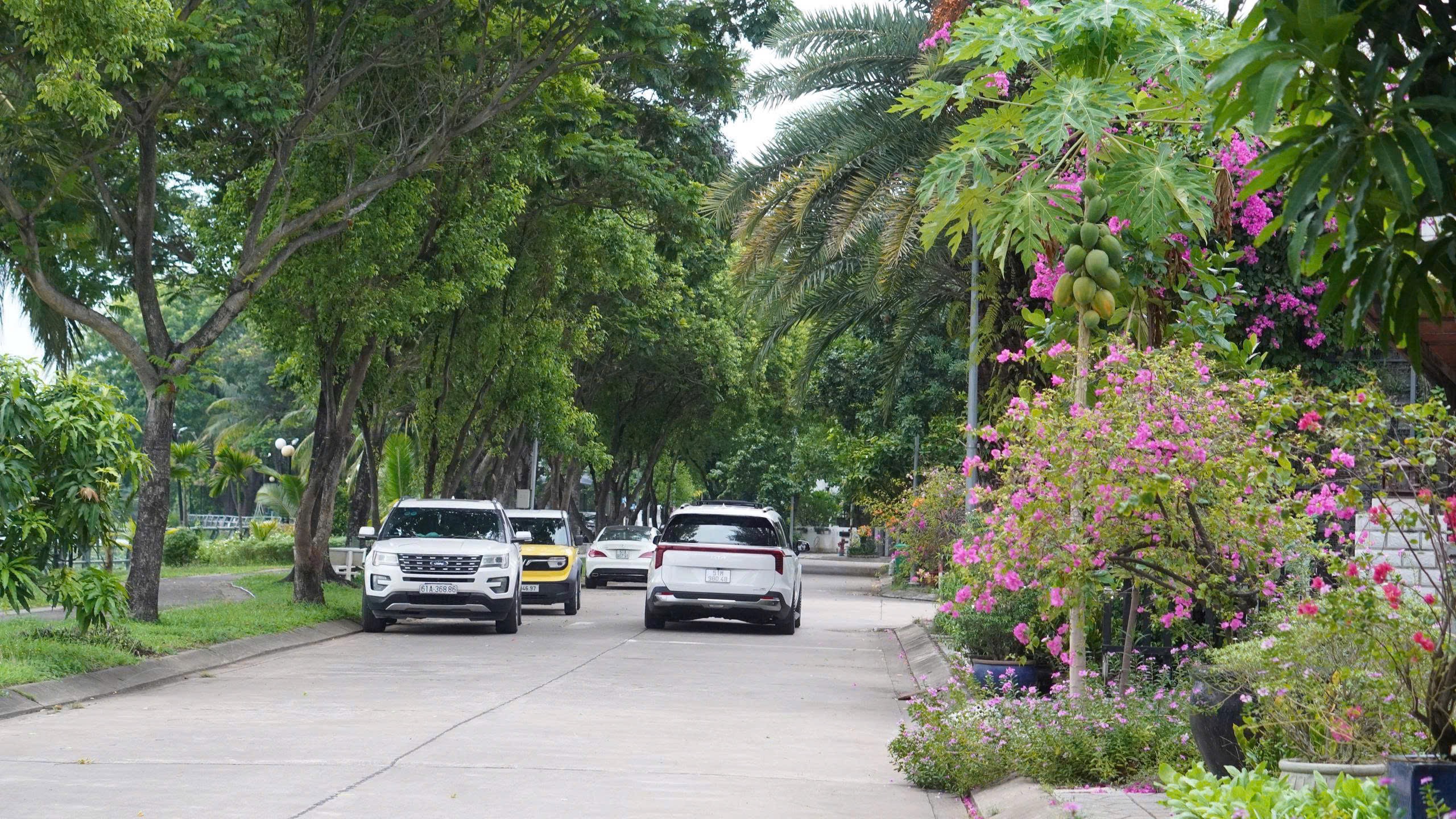 Đường nội khu Jamona Home Resort rợp cây và hoa giấy