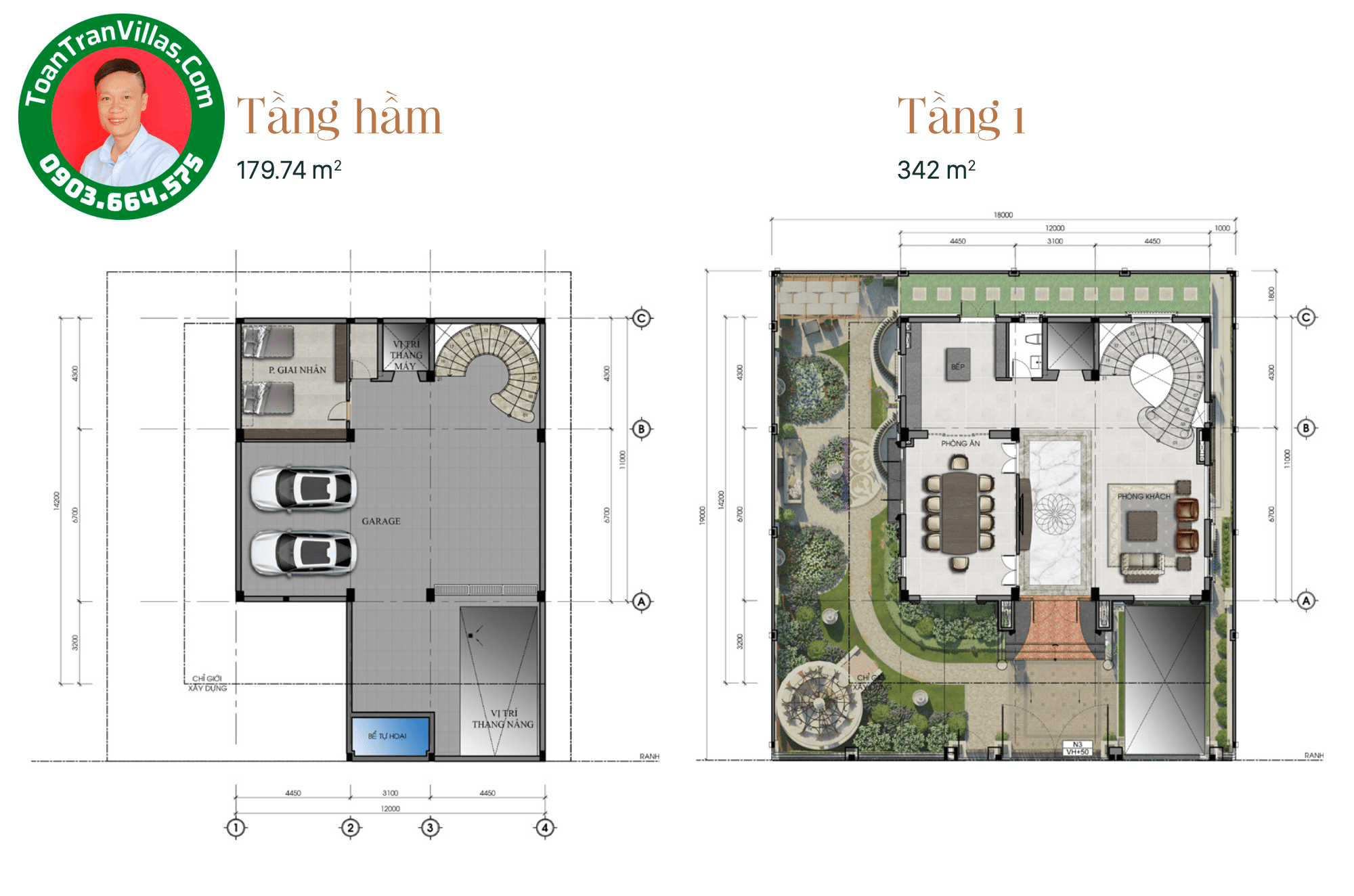 Mặt bằng tầng hầm và tầng một mẫu biệt thự Jardin