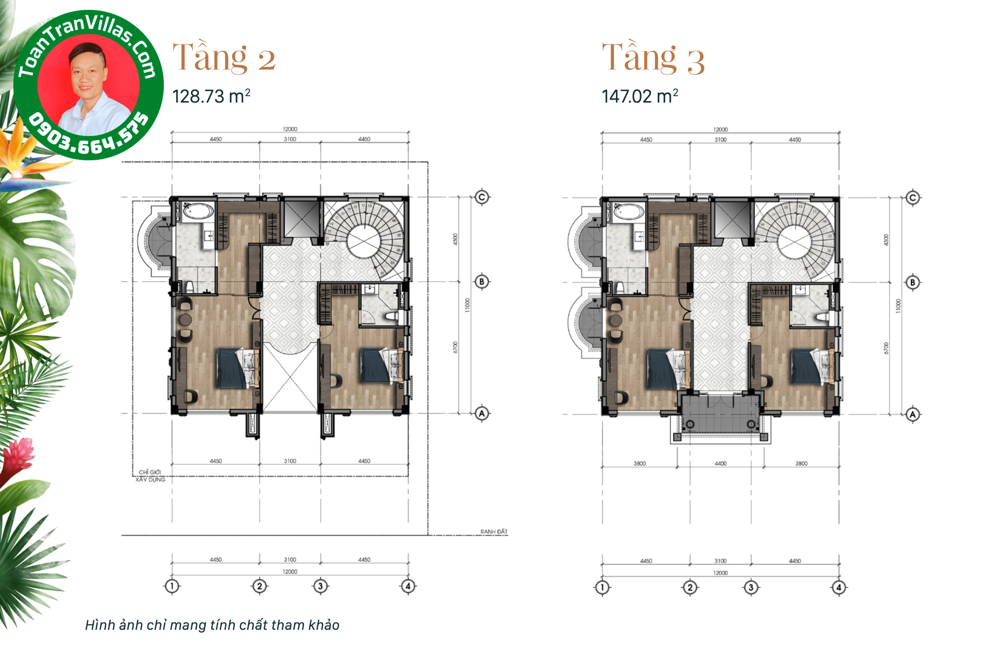 Mặt bằng tầng hai và tầng ba mẫu biệt thự Jardin