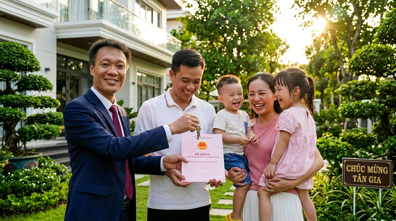 Trần Toàn trao sổ hồng và chìa khóa, chúc mừng tân gia gia đình khách hàng
