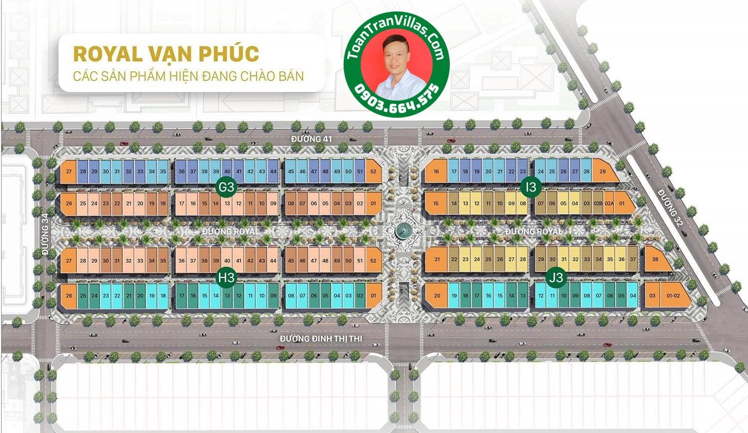 Sơ đồ bốn block H3, G3, I3 và J3 của phố đi bộ Royal