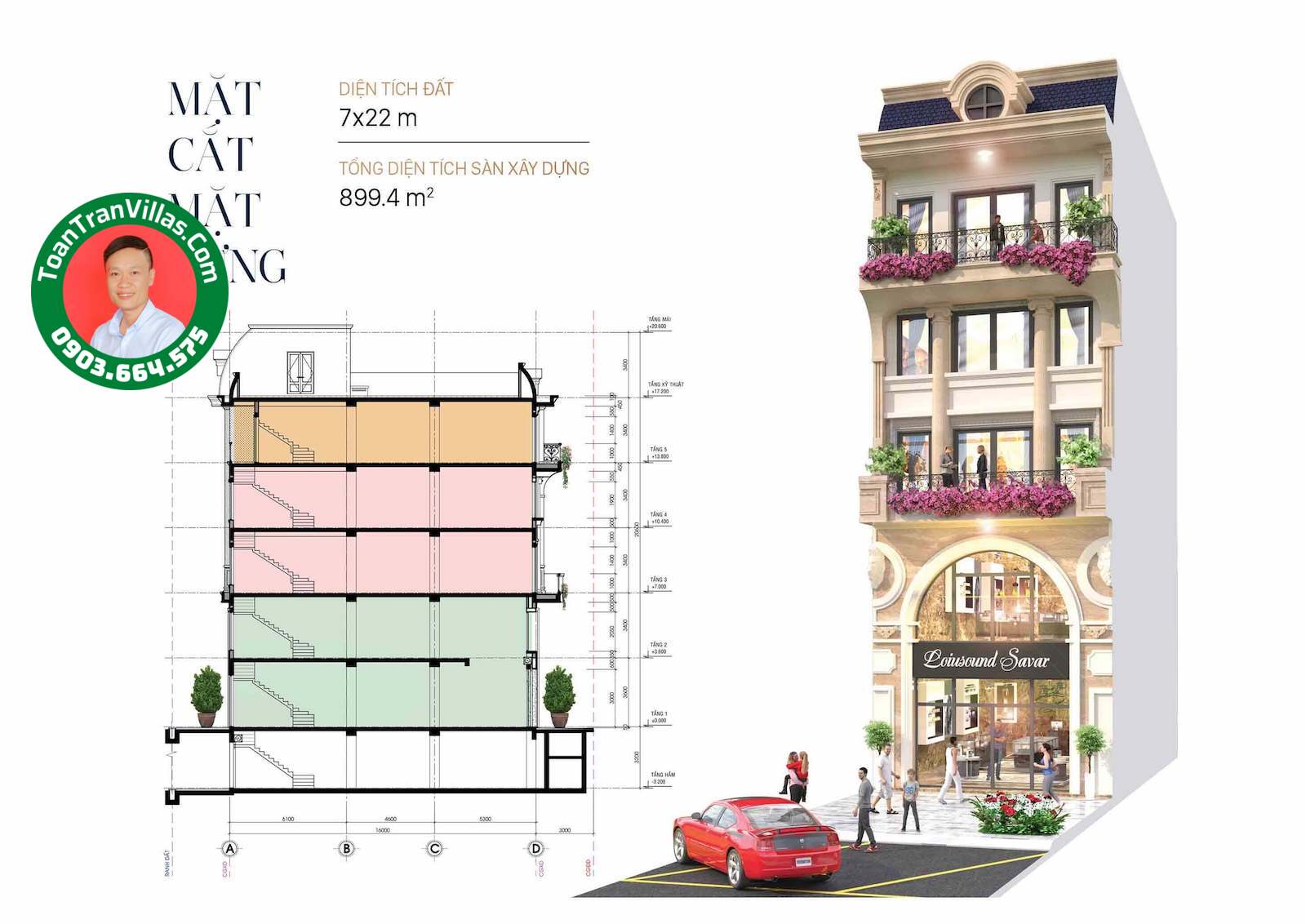 Mặt cắt và phối cảnh mẫu nhà phố thương mại Royal diện tích đất 7x22m