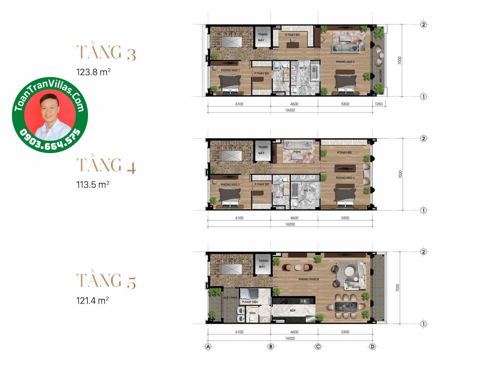 Bản vẽ tầng ba đến tầng năm mẫu nhà Royal 7x22m