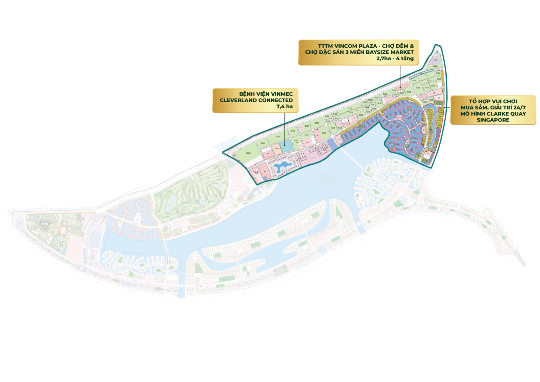 Mặt bằng phân khu The Green Bay Vịnh Ngọc 586,9 ha kèm vị trí bệnh viện Vinmec, Vincom Plaza và tổ hợp Clarke Quay