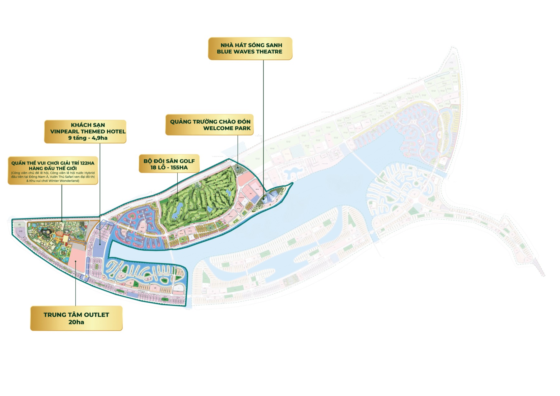 Mặt bằng phân khu The Haven Bay Vịnh Tiên 771,1 ha kèm vị trí quần thể giải trí 122 ha, sân golf 155 ha, outlet 20 ha