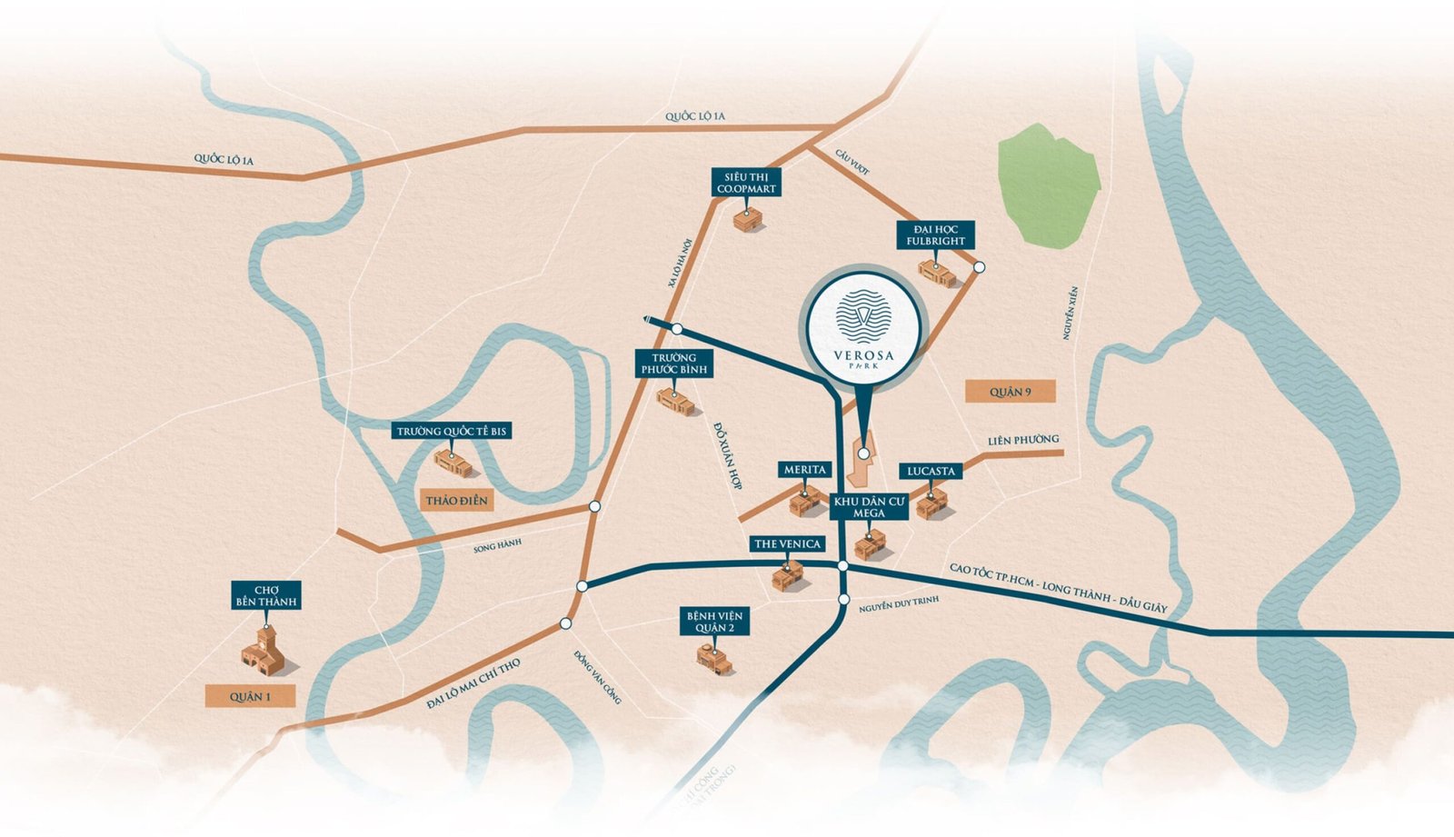 Sơ đồ vị trí Verosa Park với cao tốc TP.HCM - Long Thành - Dầu Giây, Metro số 1 và các dự án Khang Điền lân cận